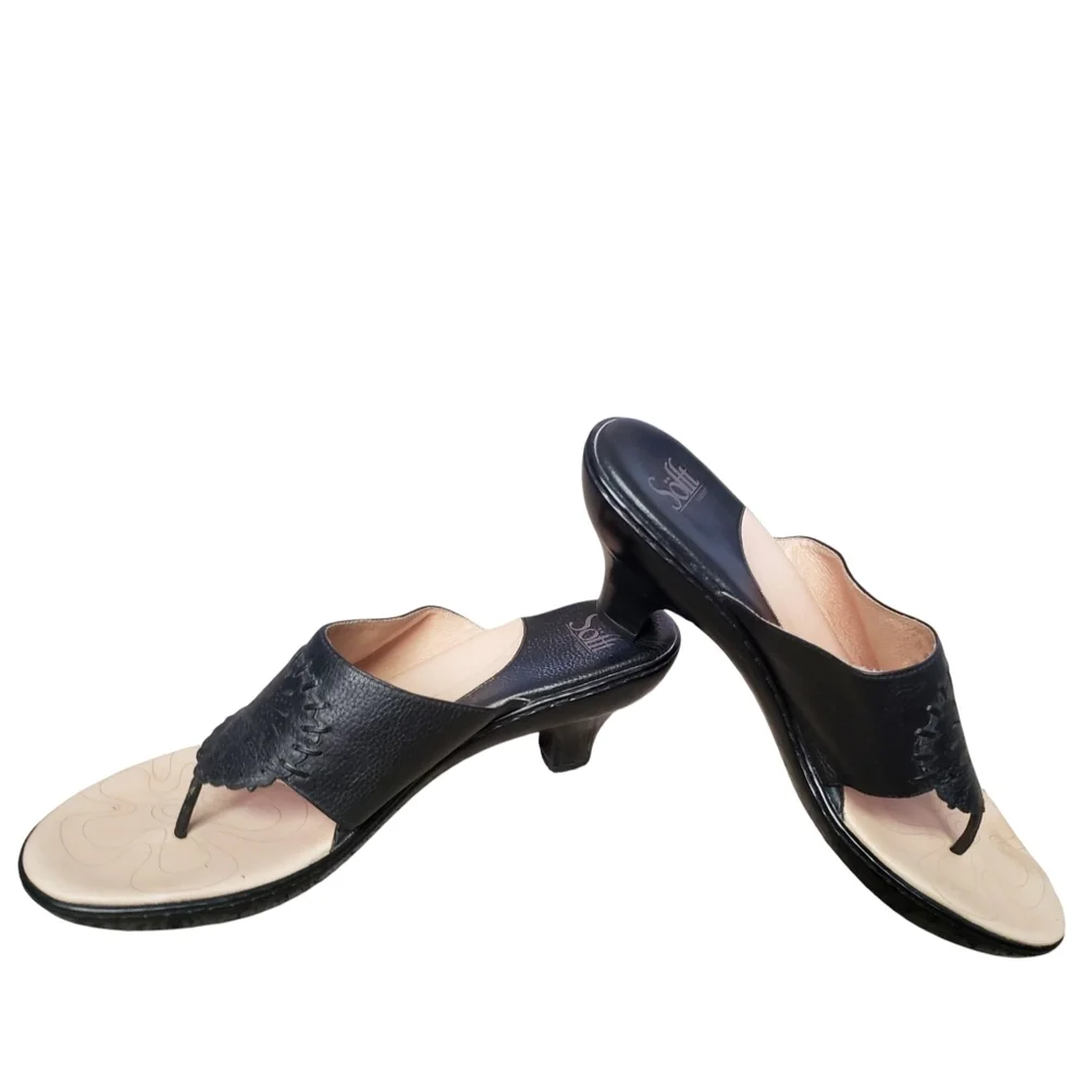Sofft Sandals Black Womens 9.5 Heeled Thong Comfort Casual Leather Slide Sandal